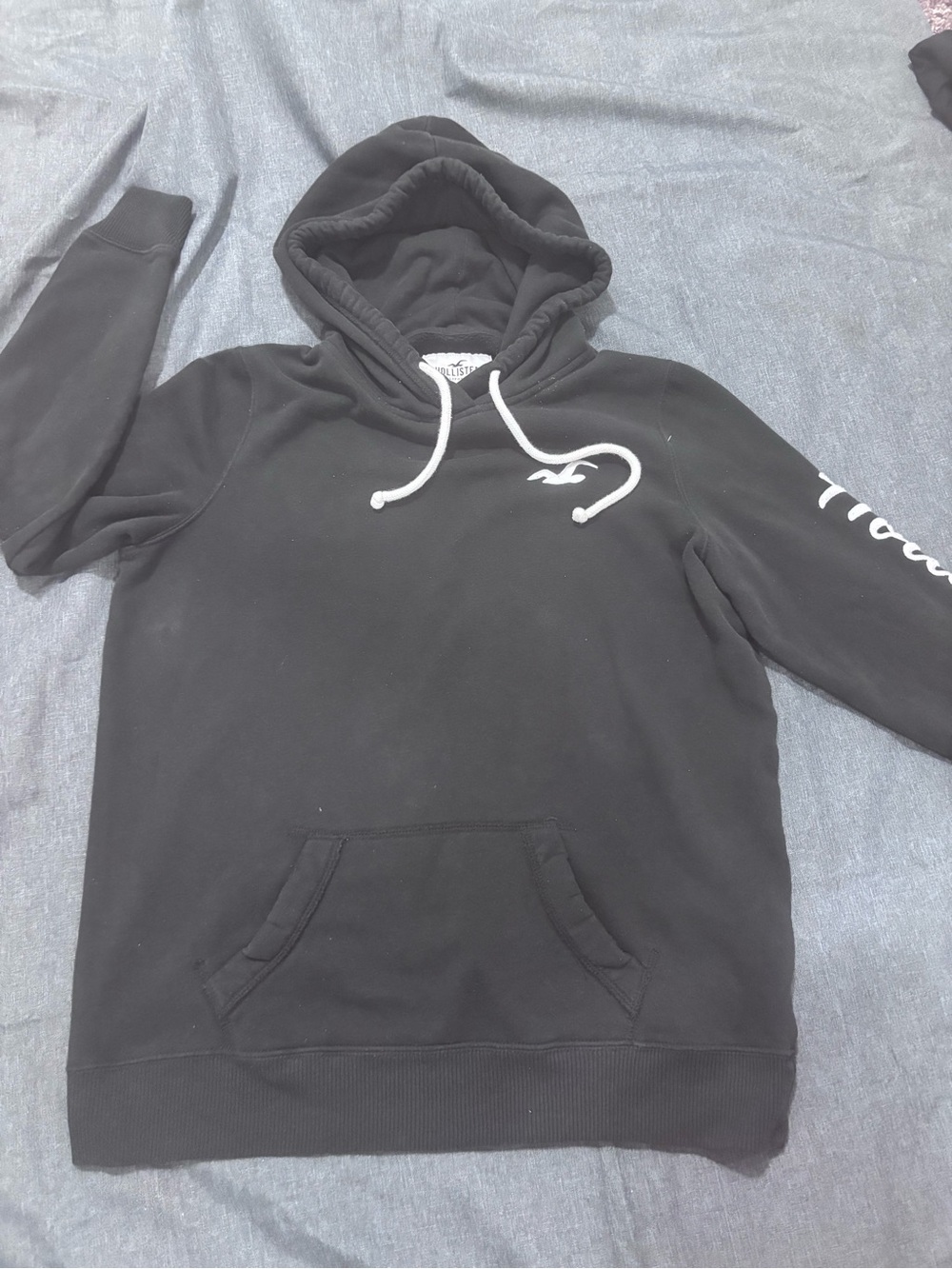 Hollister Black Crewneck Hoodie with White Logo and Drawstrings